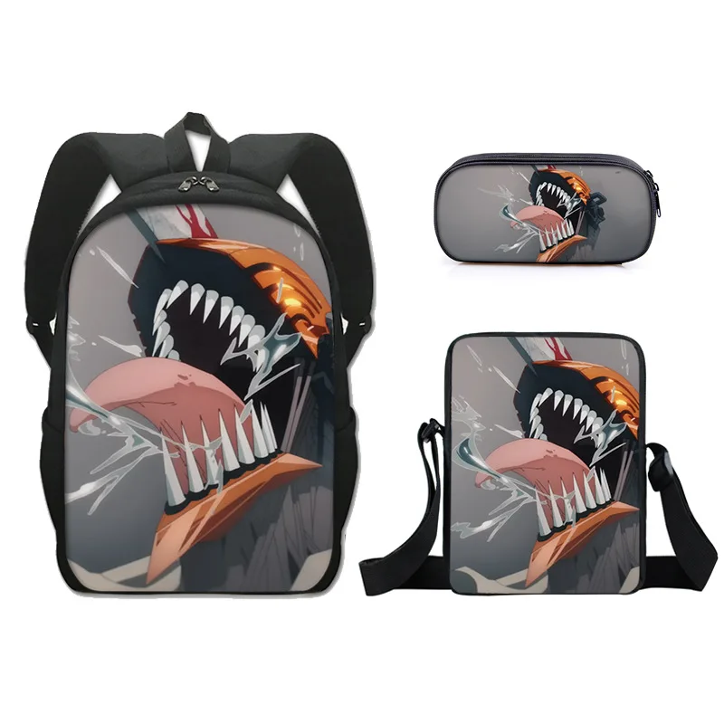 3psc/set Chainsaw Man Batoh Crossbody Bag Case Case Case Primary Middle School Študenti chlapci dievčatká školská tabak Oxford Travel batoh