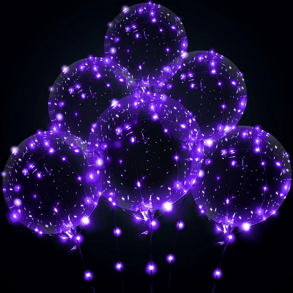 3set Purple LED Balóny Light Up Balóny Clear Bobo Balloons Transparentné ľahké balóniky na večierok výročie svadby