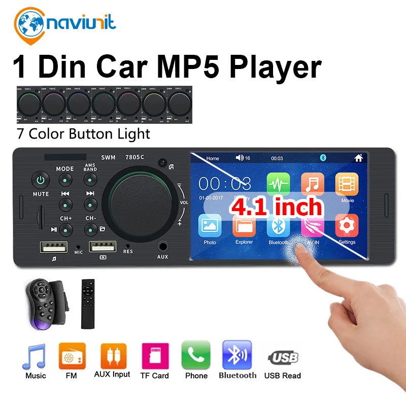 4.1 Dotyková obrazovka Universal Car Radio Bluetooth Flac Flac bez zvuku Kvalita auta MP5 FM Hudobný prehrávač Zadný Zadný pohľad 1 DIN