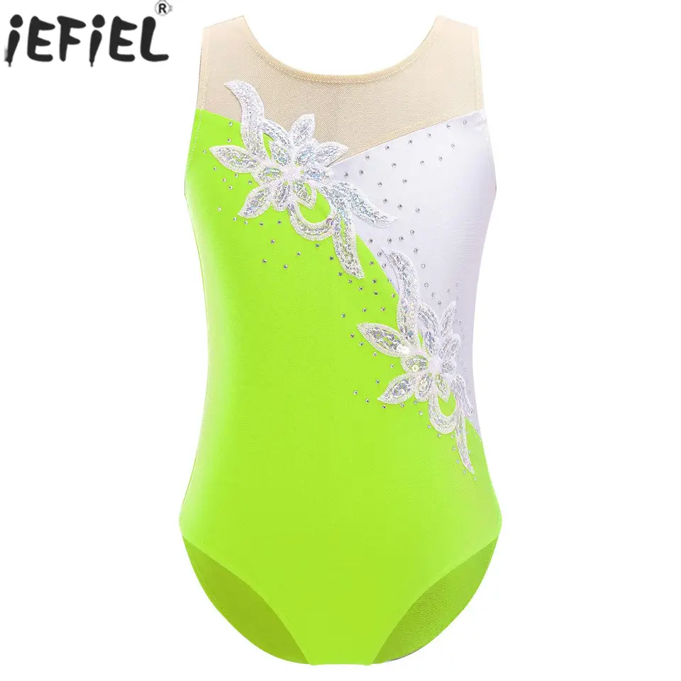 4-16y Girls Ballet Dance Leotard Gymnastic jogy krasokorčuľovanie oblečenia bez rukávov lesklý flot s číry