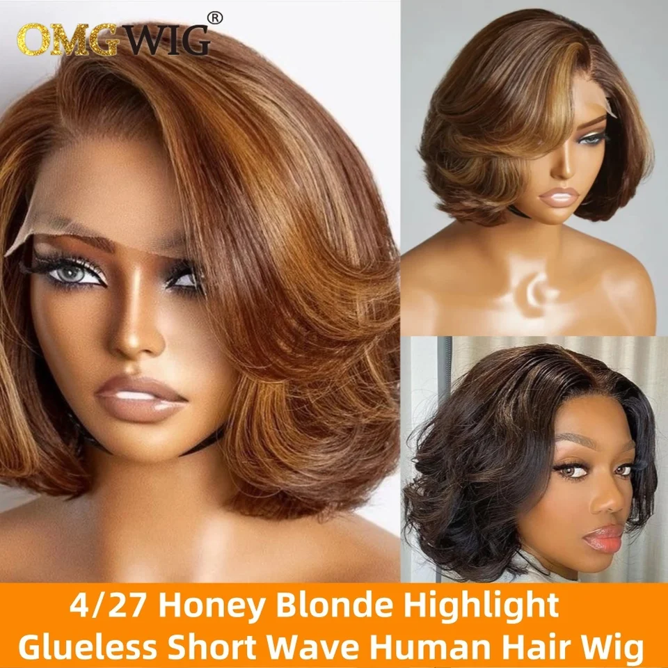 4/27 Honey Blonde zvýraznenie vopred vyrezanej čipky bočná časť krátka vlna Bob ľudské vlasy parochňa 360 čipka bez glueless parochňa s prírodnou vlastnou vlasmi