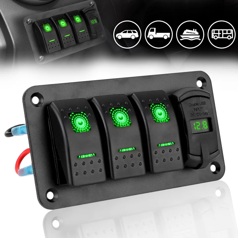 4.2a Dual USB Slot nabíjačka pre auto SUV Marine RV Truck Truck Digital Voltmeter Priestret 12v-24V 3 Gang Switch Panel