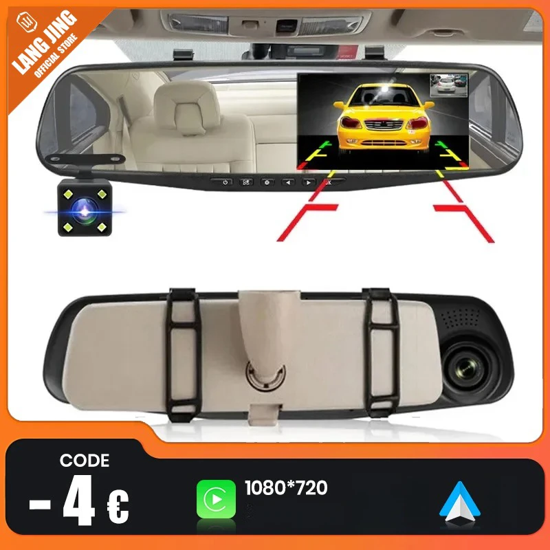 4,3 palcový hnací záznamník automobil DVR spätné zrkadlo s dvojitým šošovkou automobilový záznamník 1080p IPS predných a zadných kamery Black Box Nový