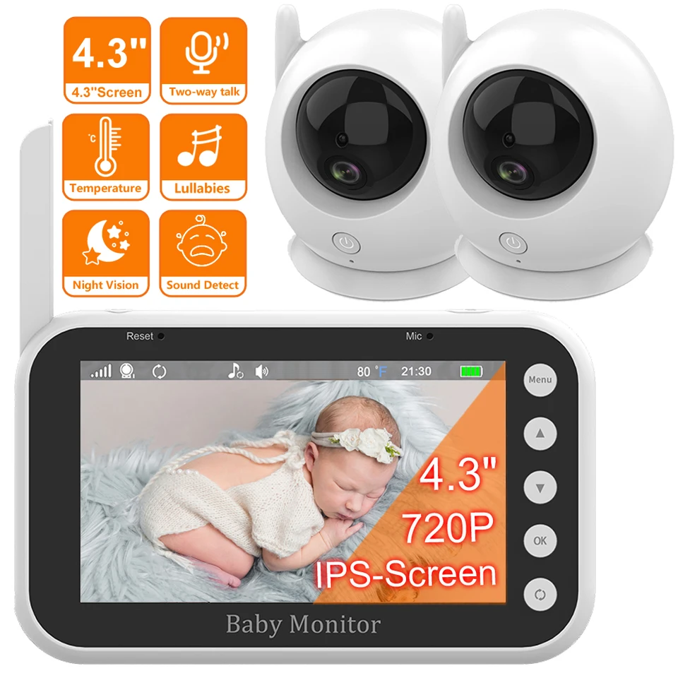 4,3 palcový video detský monitor s 2 fotoaparátmi 720p Kids Babyphone Pt 2x-Zoom Nanny Camera Poly-Way Audio Hudobná nočná vízia opatrovateľka