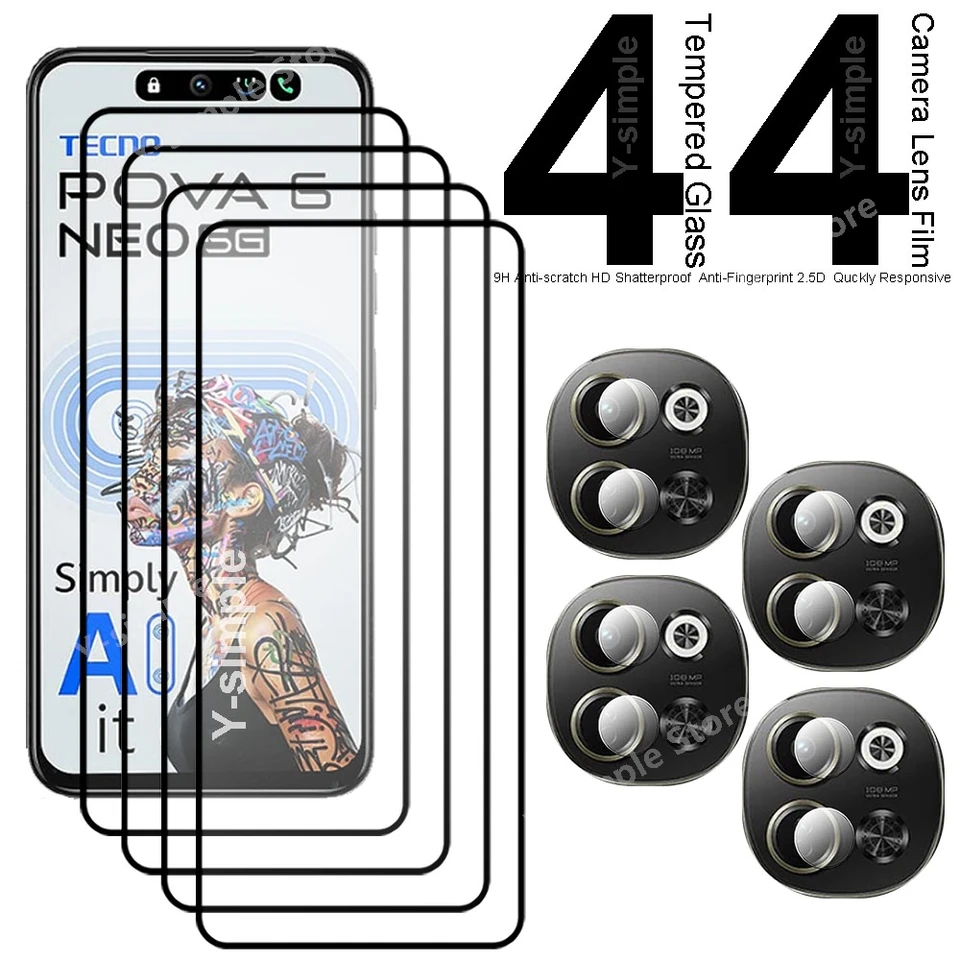 4+4 Telefónne sklo pre Tecno Pova 6 NEO Screen Protector Plné pokrytie Soft Soft Camera Camera Film pre Tecno povA 6 Pro Temperované sklo