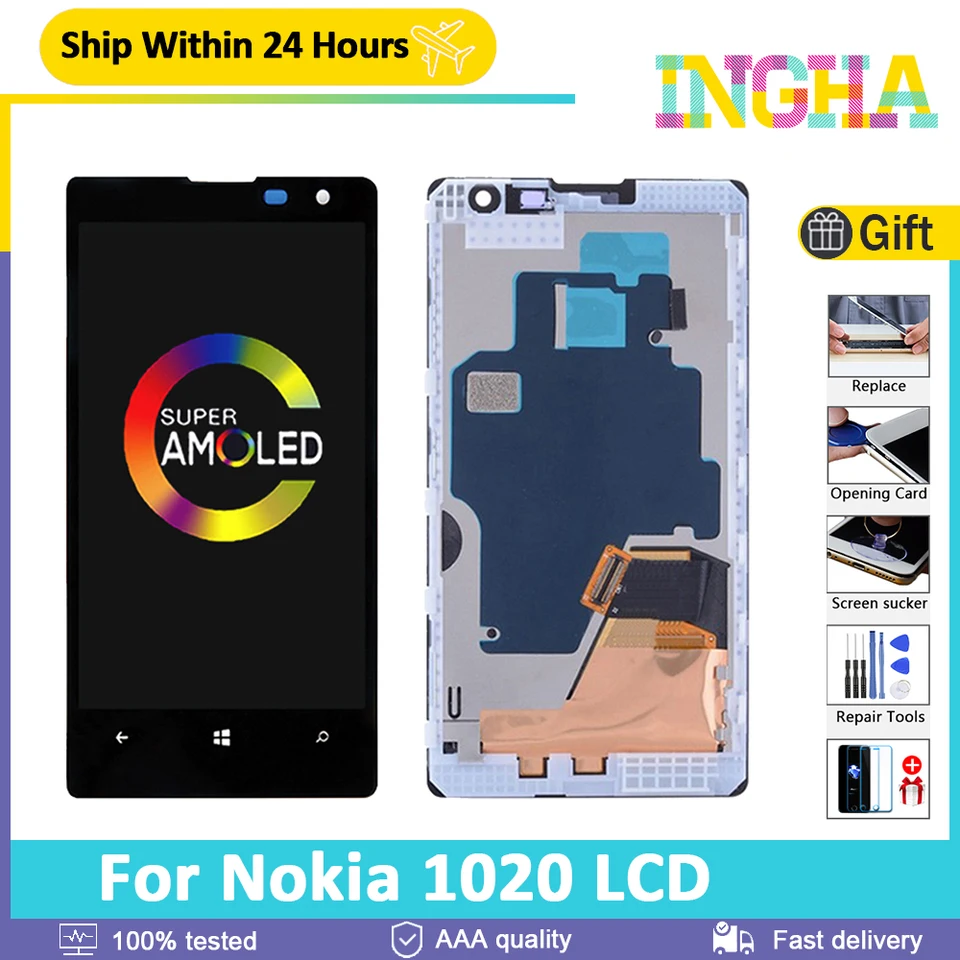 4,5 '' Original LCD pre Nokia Lumia 1020 LCD Display Display Touch Screen Digitalizátor Zostava Zostava bezplatných nástrojov pre obrazovku Nokia 1020