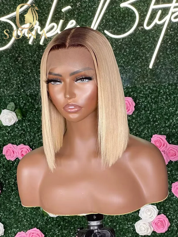 4/613 Ombre Honey Blon Bob Parochňa pre ženy Krátky 5x5 13x4 priehľadné čipky predné predné ľudské vlasové parochne s hnedým koreňom