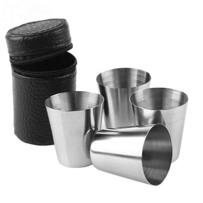 4/6ks súprava vonkajšie mini okuliare z nehrdzavejúcej ocele Shot Shots for Whisky Wine Pive Cup s koženým krytom vrecka 30 ml