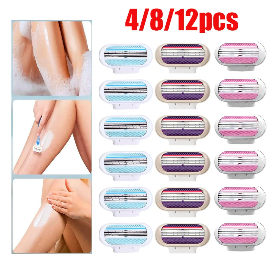 4/8/12 P Ženy Bezpečnosť Razor Blades Bikini Pohodlný remover vlasov 3-vrstvová z nehrdzavejúcej ocele Holením Čepeľ Hrechovňa náhradná hlava