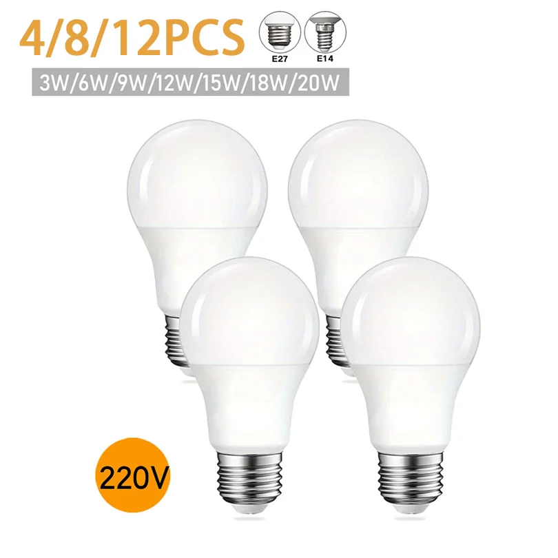 4/8/12ks LED žiarovky LED žiarovky E27 E14 B22 AC220V Light Real Power 12W 15W 18W 20W 3000K/4000K/6500K Lampy pre domov