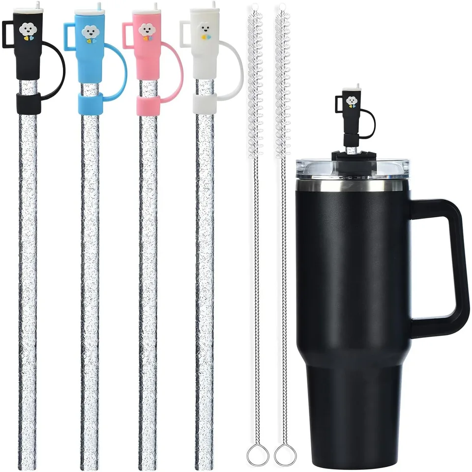 4 balenie náhradných trblietavých slamiek a slamy pre 40 oz 30 oz Panbler, 12 v opakovane použiteľných plastových slamkách