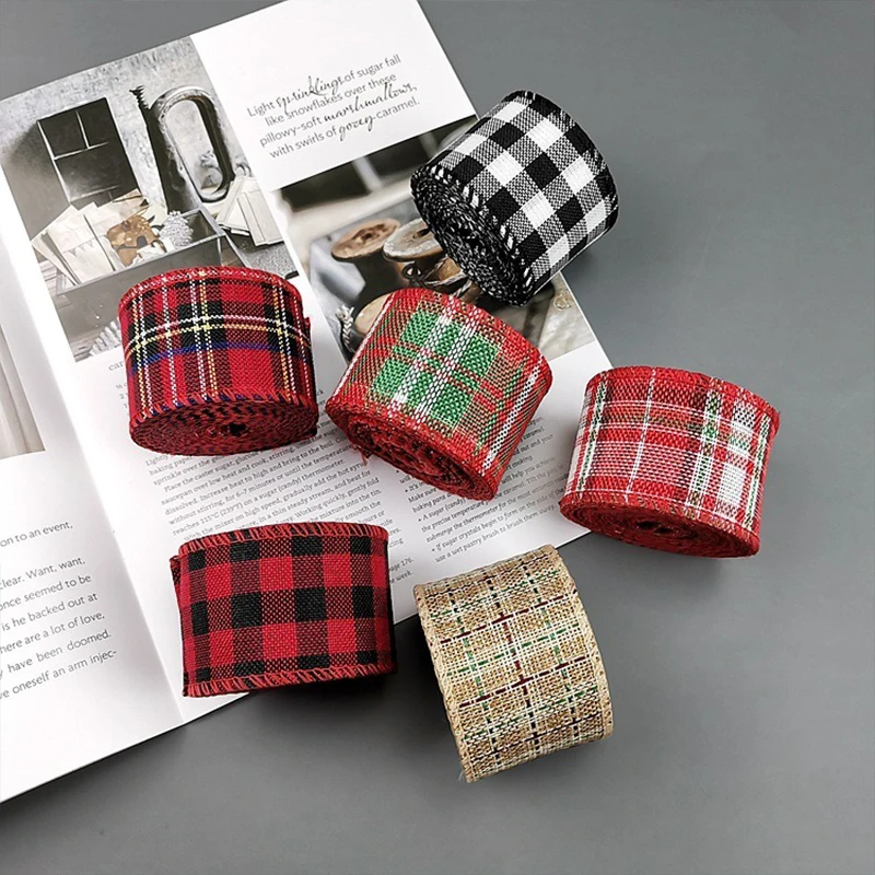 4 cm x 6m zelené červené kockované stuhy stuhy pre remeslá Linen Plaid Ribbon pre domácich majstrov vianočných dekorácií DD022