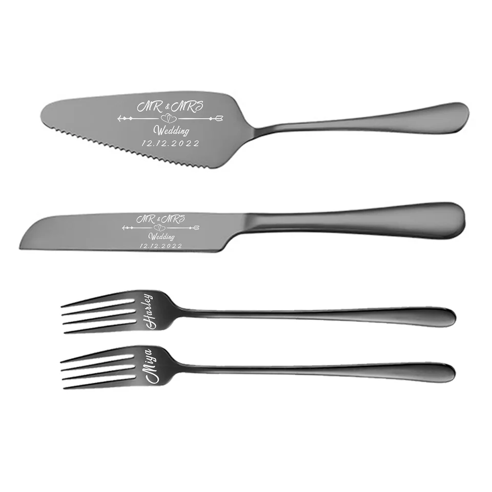 4-dielna sada Prispôsobený server svadobná torta Nožová súprava s vidličkami prispôsobená darčeková párty dekorácia dekorácie Multicolor Cake Tool Tool
