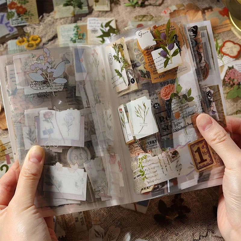 4 Dizajn Pet Vintage Sticker Book Literárne známky rastlín Rich Pattern Handbook DIY Dekoratívne estetické nálepky