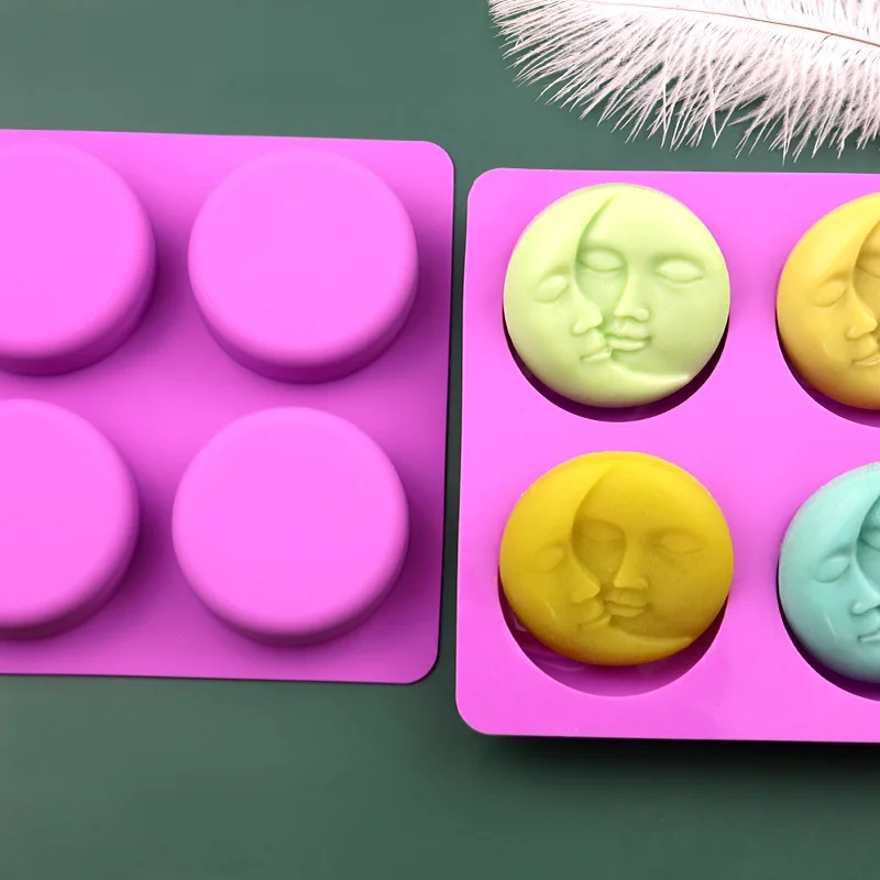 4 dutina Slnko a mesačne silikónové mydlové plesne Polia polmesiaca Moon Face Mozer Form pre domácu tyčovú kúpeľňovú živicu výrobu