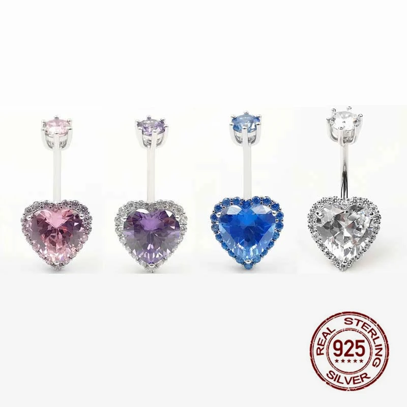 4 farby srdce zirkón pupky piercing pre dievča 925 Sterling strieborné brušné gombíky prsteň láska zirkon brušné prsteň tela piercing šperky
