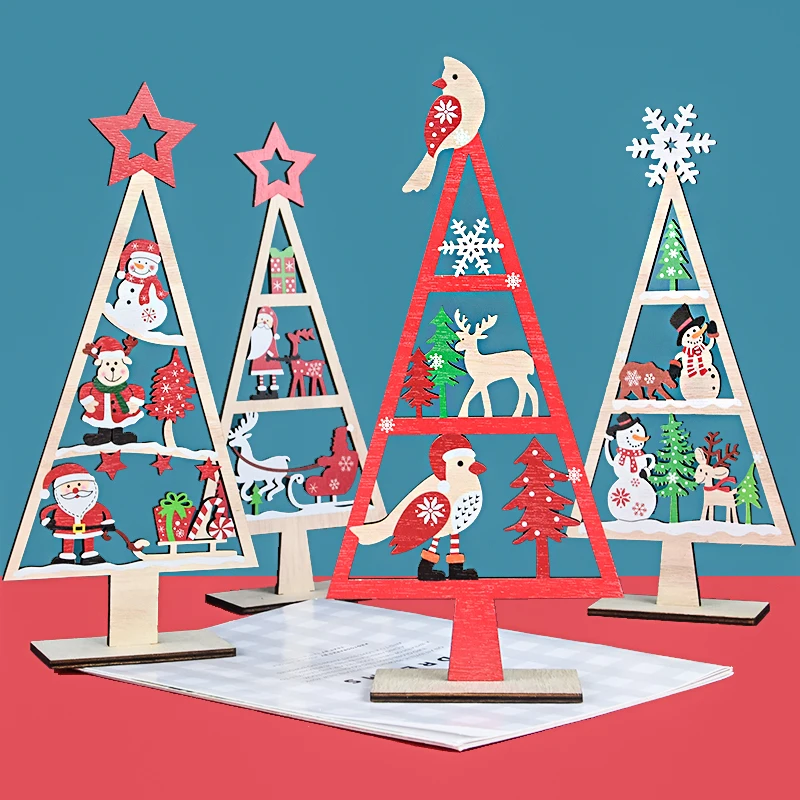 4 farby vianočný stromček Santa Claus Desktop Ozdoby Veselé vianočné drevené prívesky pre domov šťastný nový rok ozdoby