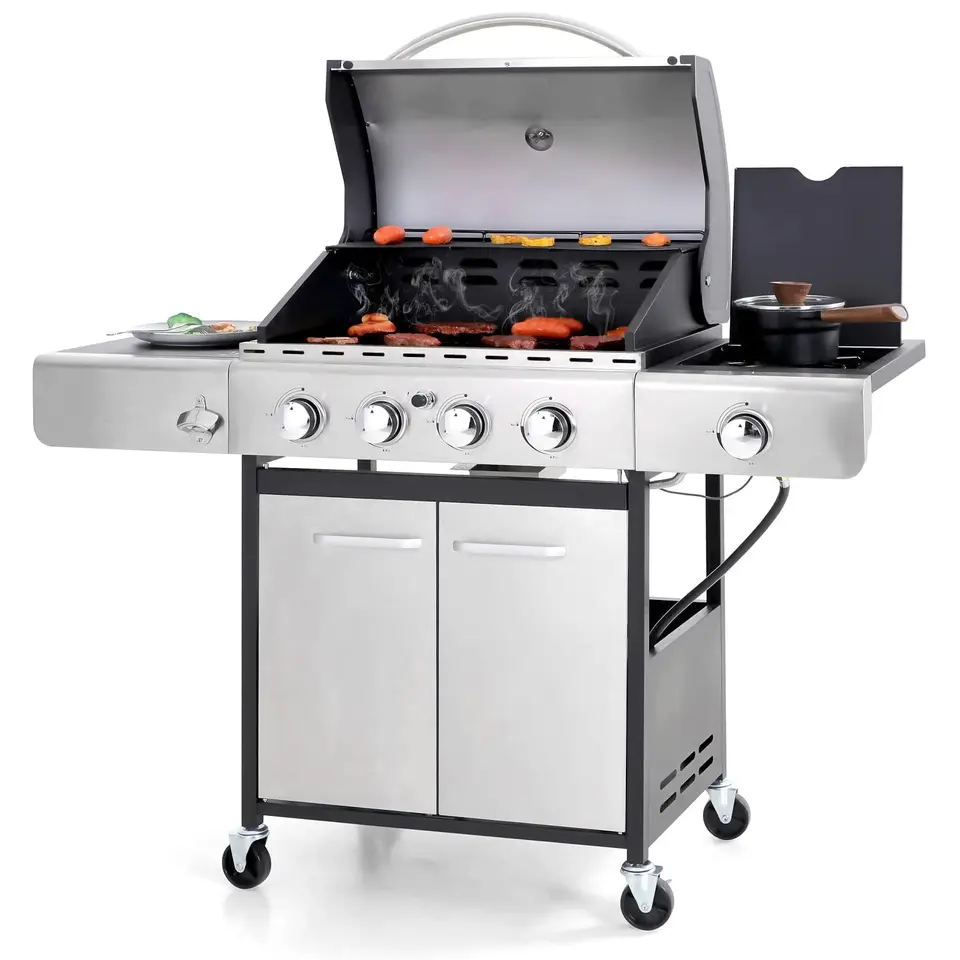 4-horák propán Gas BBQ gril s bočným horákom a porcelánové liatinové mriežky