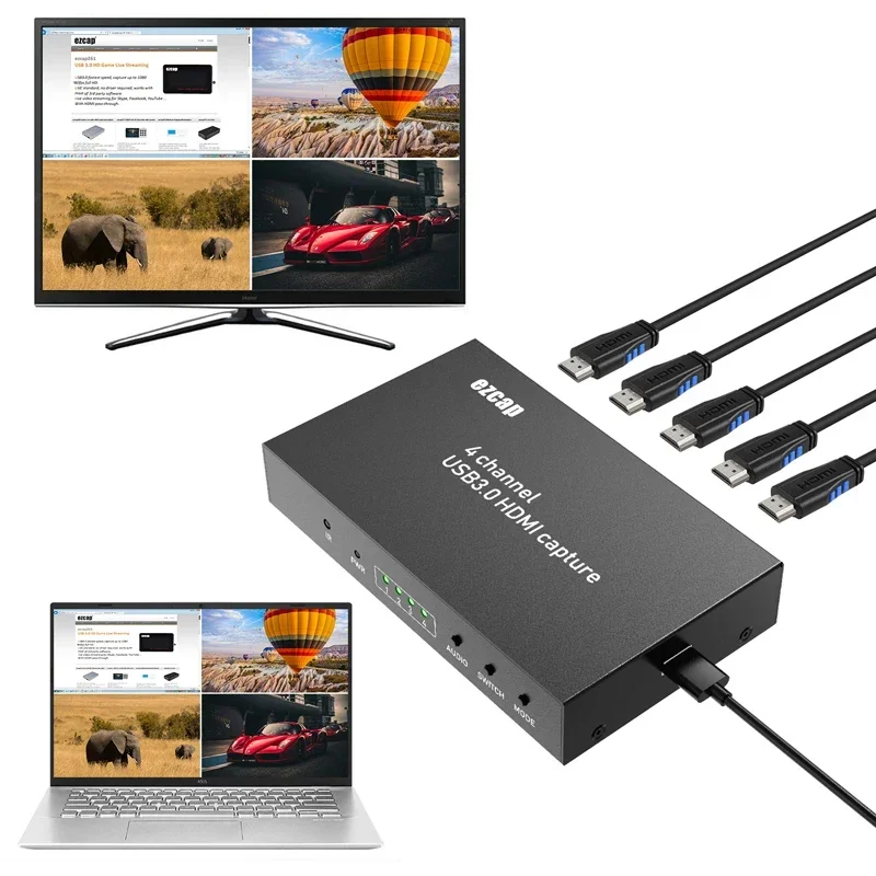 4 -kanál HDMI na USB3.0 UVC Video Card Card s prepínačom MultiViewer 4x1 HDMI pre živé vysielanie systému OBS Studio Windows Mac Linux