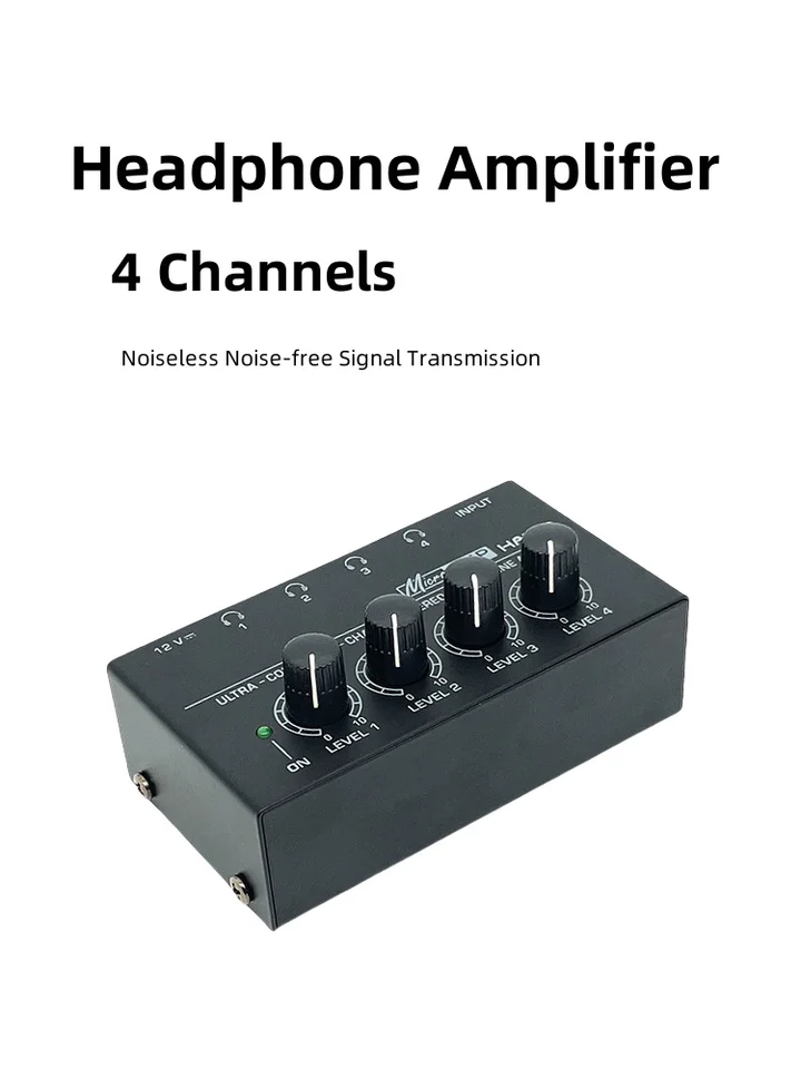 4-kanálový zosilňovač pre slúchadlá ultra kompaktné tereo zvukové audio mini zosilňovač slúchadiel prenosný s napájacím adaptérom pre hudbu
