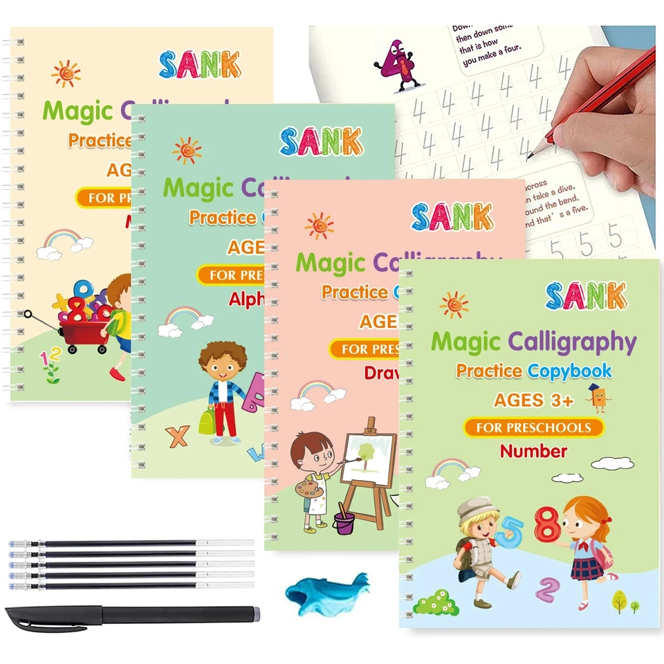 4 knihy/Set Magic Copybook opakovane použiteľná anglická prax Španielske písanie Pen Groove abeceda Wordpad nemecké slovo kaligrafia