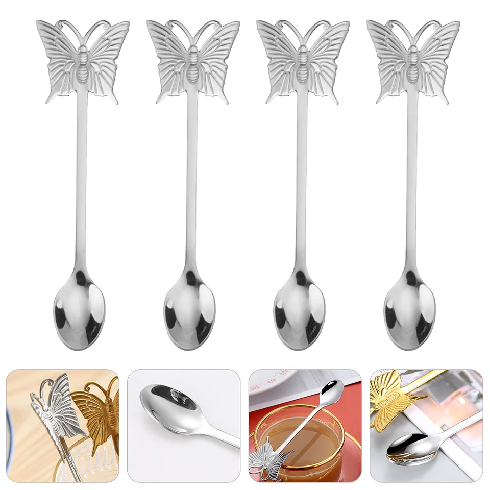 4 ks motýľové vidlice Soon Set Coffee Dezert Spoons Miešacie prúty dlhá rukoväť z nehrdzavejúcej ocele banketová lopatka