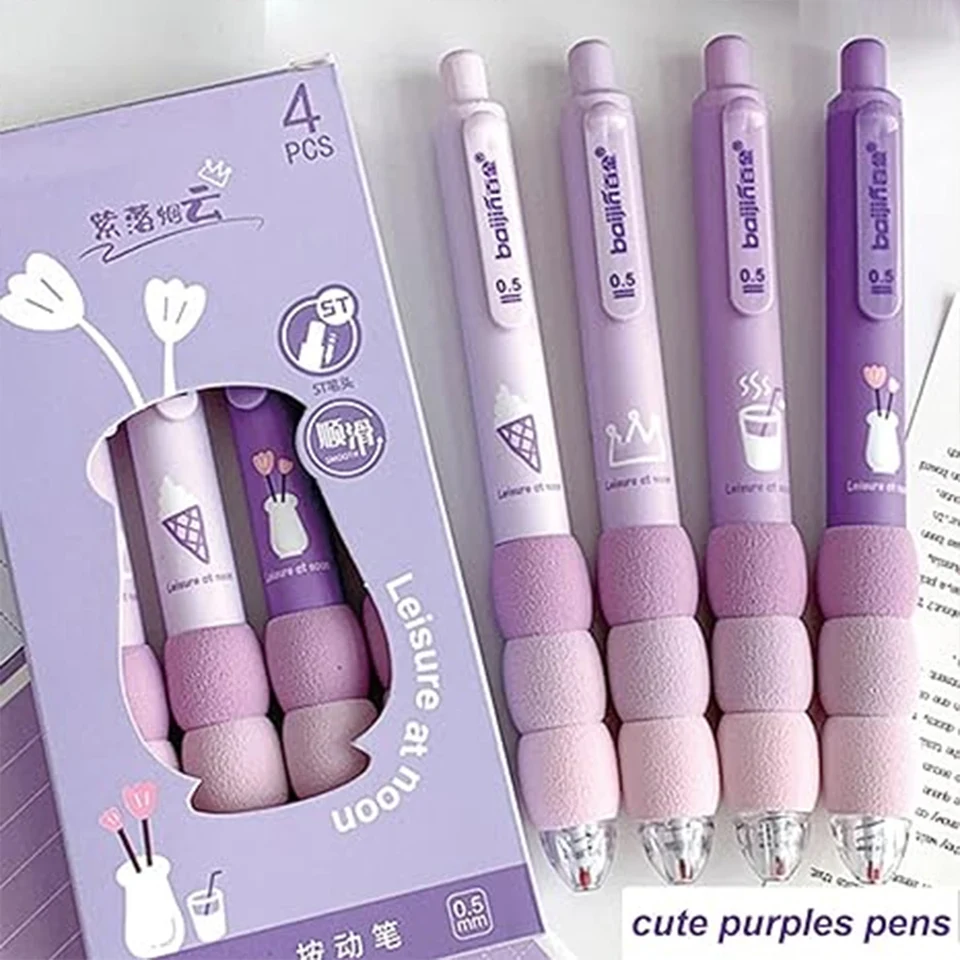 4 ks roztomilé gélové perá estetické zasunuteľné perá Cartoon Bear Beh Grip Pen 0,5 mm čierne atramentové pero (káva a ppurple)