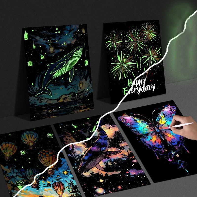 4 ks/set A4 DIY Scratch Packing Light Animal Butterfly Fireworks Landscape Night View Scratch Painting Umelec