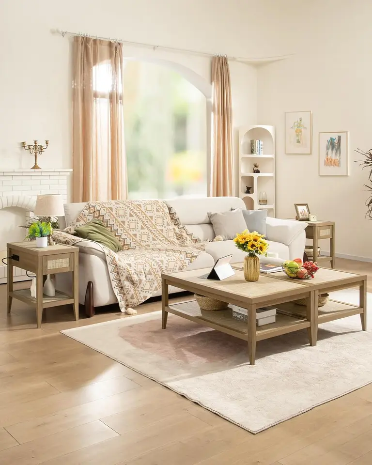 4-kusy Rattan Conference Set Set boho nočná stolík sada 2 postele bočných stolov a 2 obývacia izba na kávu pre spálňu