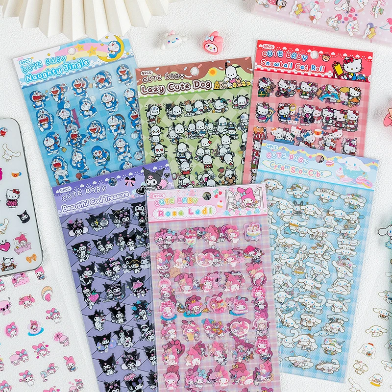 4 listy Sanrio Kawaii Transparentné vodotesné nálepky karikatúry dekorácie obtisky Roztomilé deti odmeňte nálepku Hračky