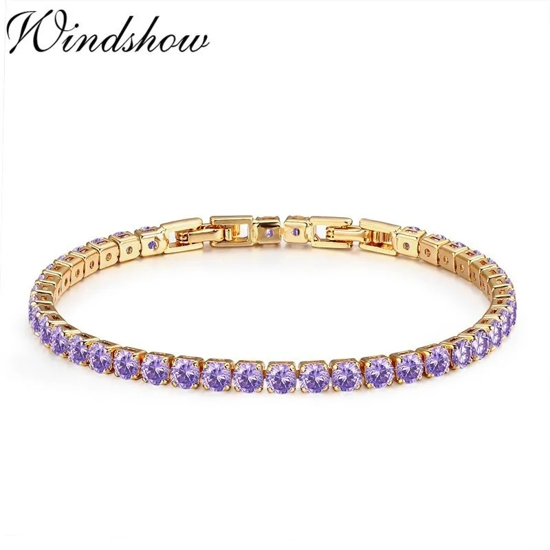 4 mm 17 cm+2cm Round Purple Cz Tennis Chain Gold Color pre ženy Dievčatá Mosadzné svadobné šperky Náramky BrCiali Donna