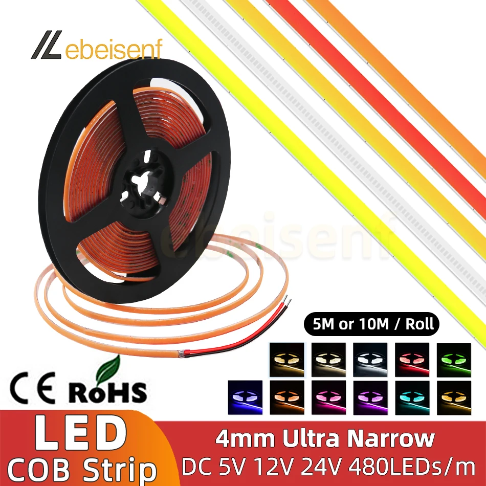 4 mm ultra úzko chlpovaný pásik svetlo DC 5V 12V 24V 480leds/m Flexibilná tyčová lampa pásky