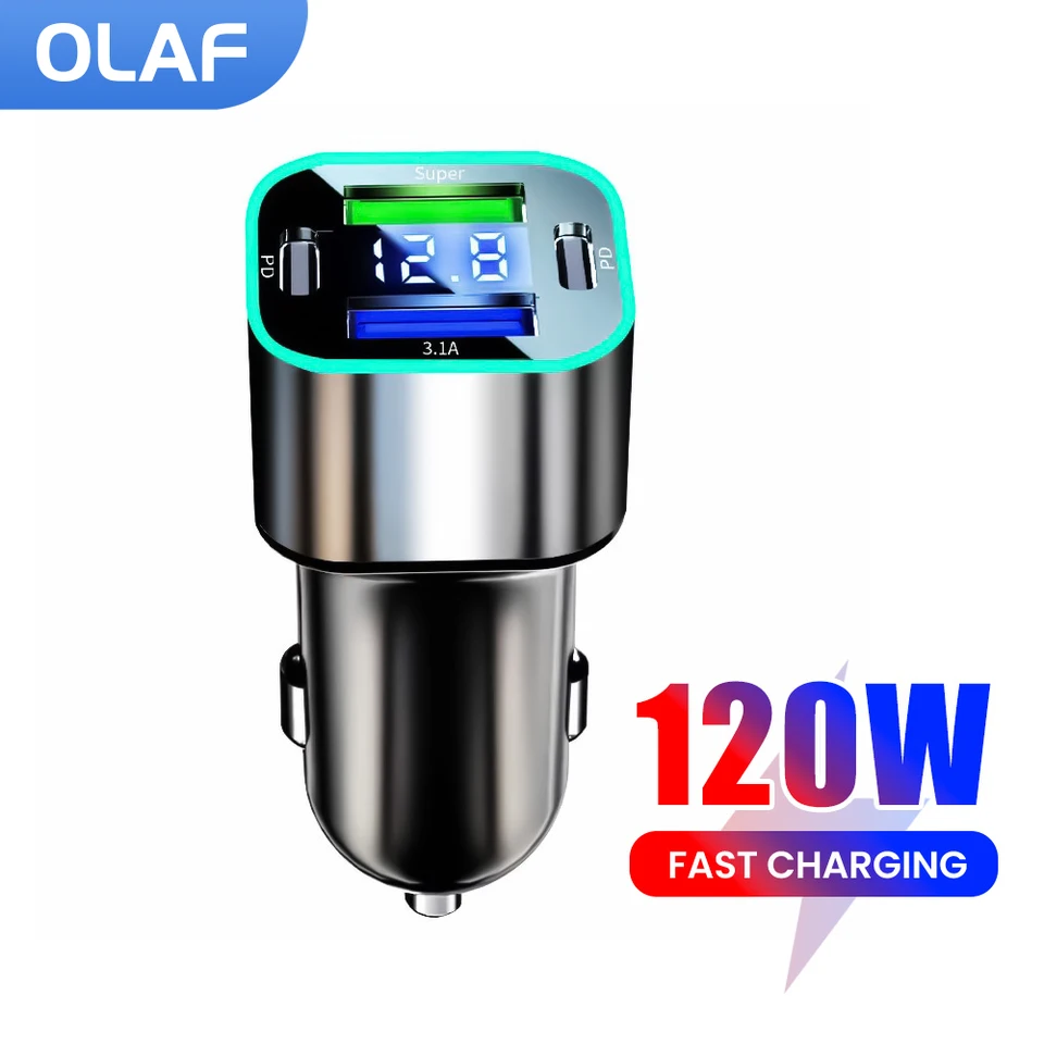 4 porty 120 W nabíjačka automobilu USB Typ C Rýchle nabíjanie auta adaptéra pre iPhone 13 12 Xiaomi Huawei Samsung Quick Charge 3.0