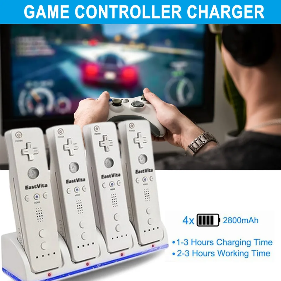 4 porty nabíjacie stánkové stanicu pre stanicu Wii Game Console Battery Gamepad Game Controller Joystick nabíjačku s indikátorom LED