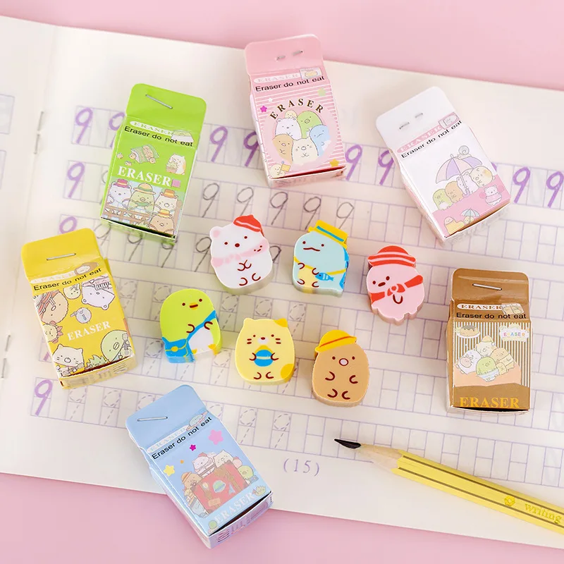 4 počítače/balenie Kawaii Milk Box Sumikko Gurashi Rubber Eraser Roztomilé gumáre kancelárske potreby