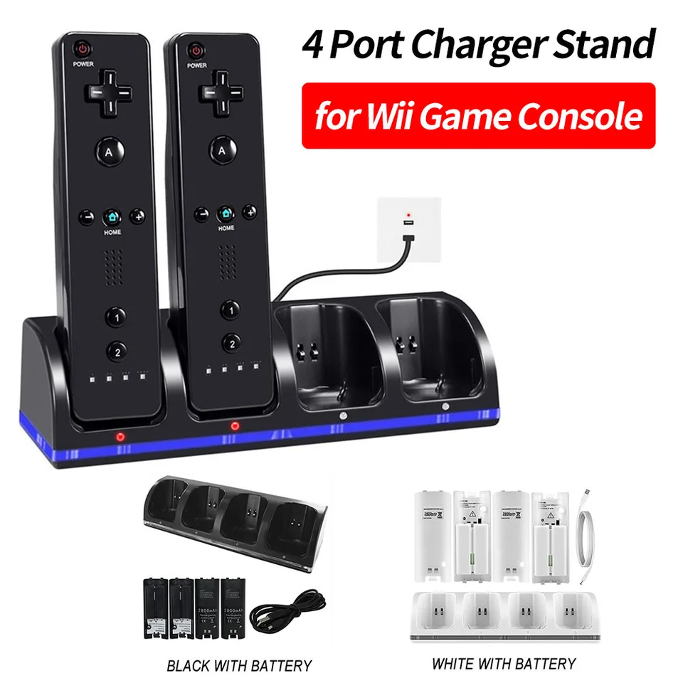 4 prístavné nabíjacie nabíjacie stanica nabíjania s káblom USB pre hernú konzolu Wii s LED indikátorom nabíjateľnej batérie