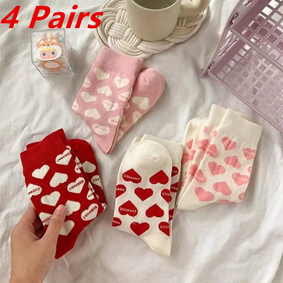4 páry dlhé roztomilé ponožky Ženy bavlnené milostné srdce s tlačou kawaii dámy Jesné zimné ponožky High Art Warm Sokken femme Calze