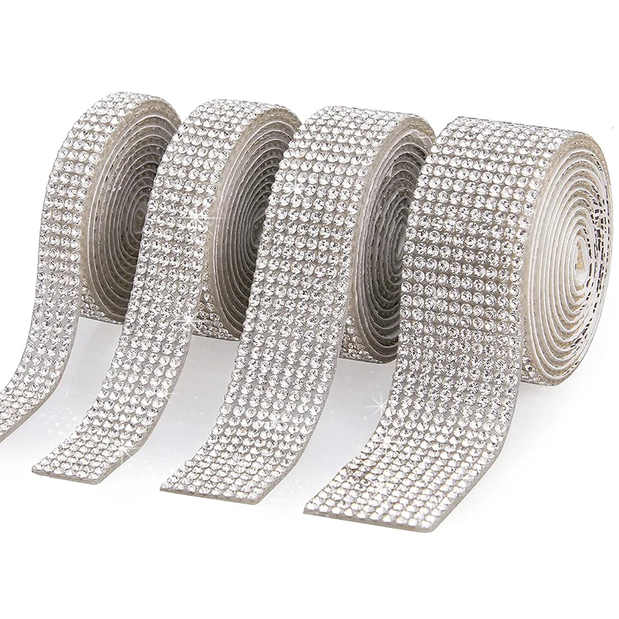 4 riadky + 6 riadkov + 8 riadkov + 10 riadkov 4 rolky 4 yardy Crystal Shapanes Self-útulné nálepky, viacfarebné kamienkové pásky, scénické scénické scénické diamanty, výzdobu Diamond, DIY remeslá, Vianoce, halloween, svadobné a večierky ( Strieborná biela/AB farba)