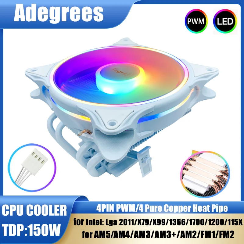 4 tepelnépipes CPU vzduchový chladič 4pin PWM PC Procesor White Cooler pre Intel LGA 1366 115x 1200 1700 775 2011 X79 X99 AM3 AM5 AM5