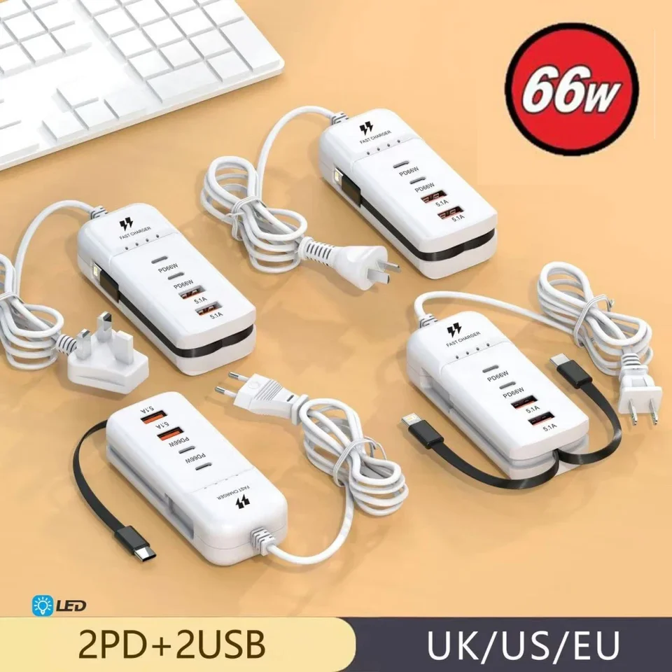 4 USB nabíjačka typu C PD 66W Rýchle nabíjanie napájacieho soketu USB Hub Adaptér typu C Kábel Quick Wall nabíjačka pre iPhone Samsung Xiaomi