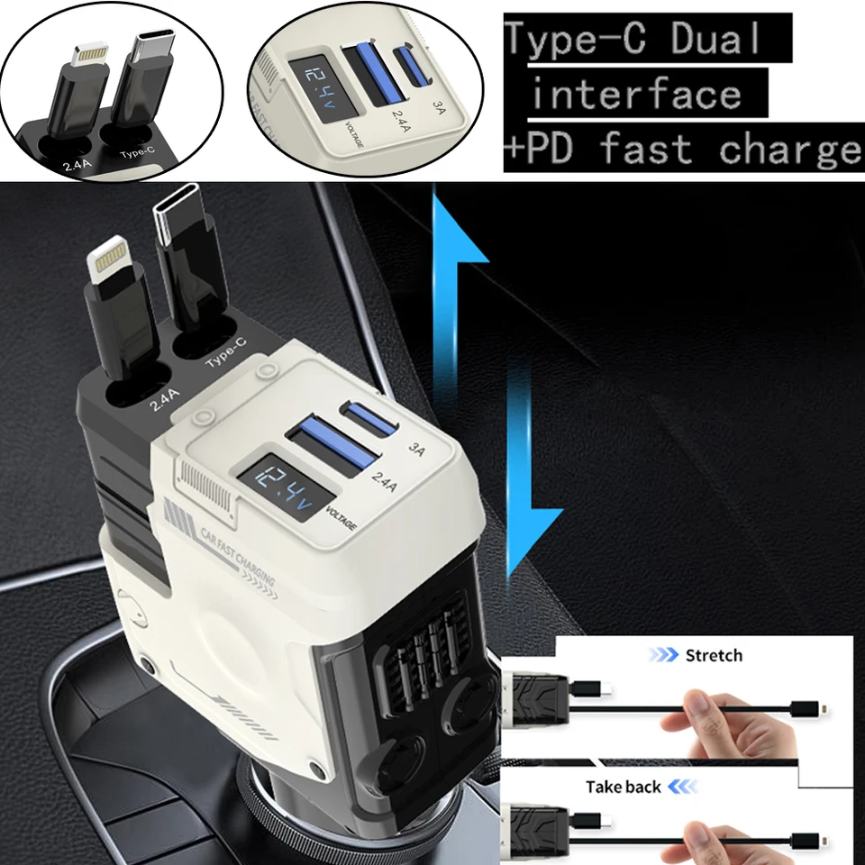 4 v 1 67 W nabíjačku automobilu zatiahnuteľné autá Cigaret Lighter Adapter USB Typ C Rýchly nabíjací kábel pre iPhone Xiaomi Huawei Samsung
