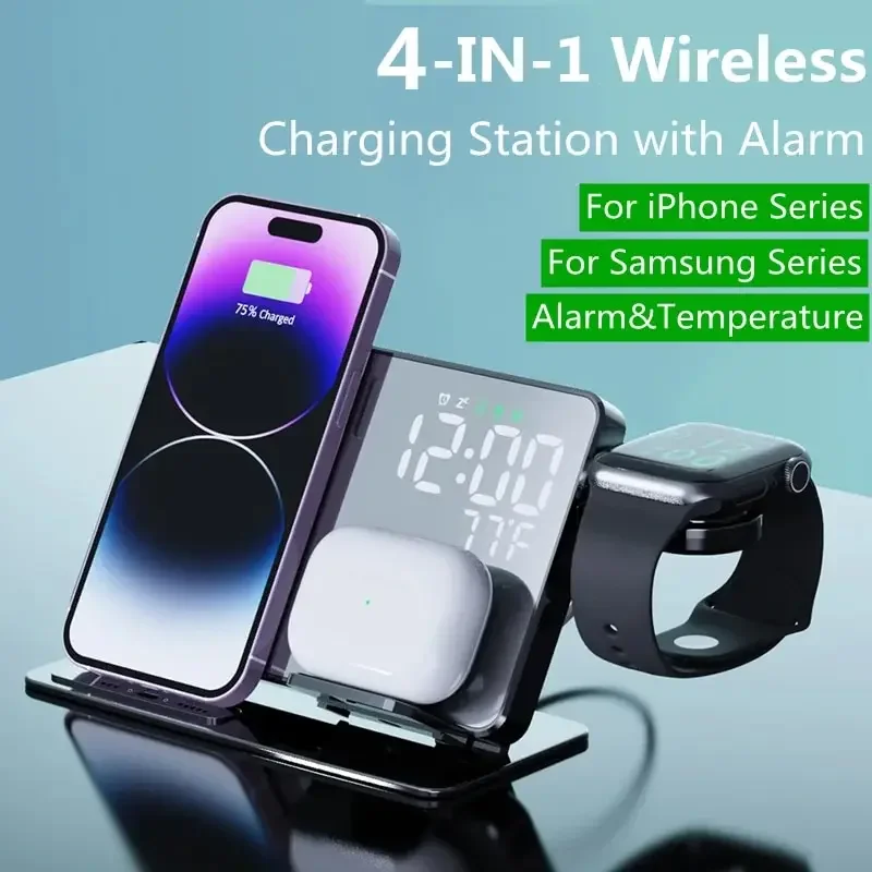 4 v 1 bezdrôtový nabíjačku A budičovu teplotu AKRESTOVÝ ČASOVÝ STATION DOCK STATION pre iPhone 15 14 Samsung S23 S22 Galaxy Watch
