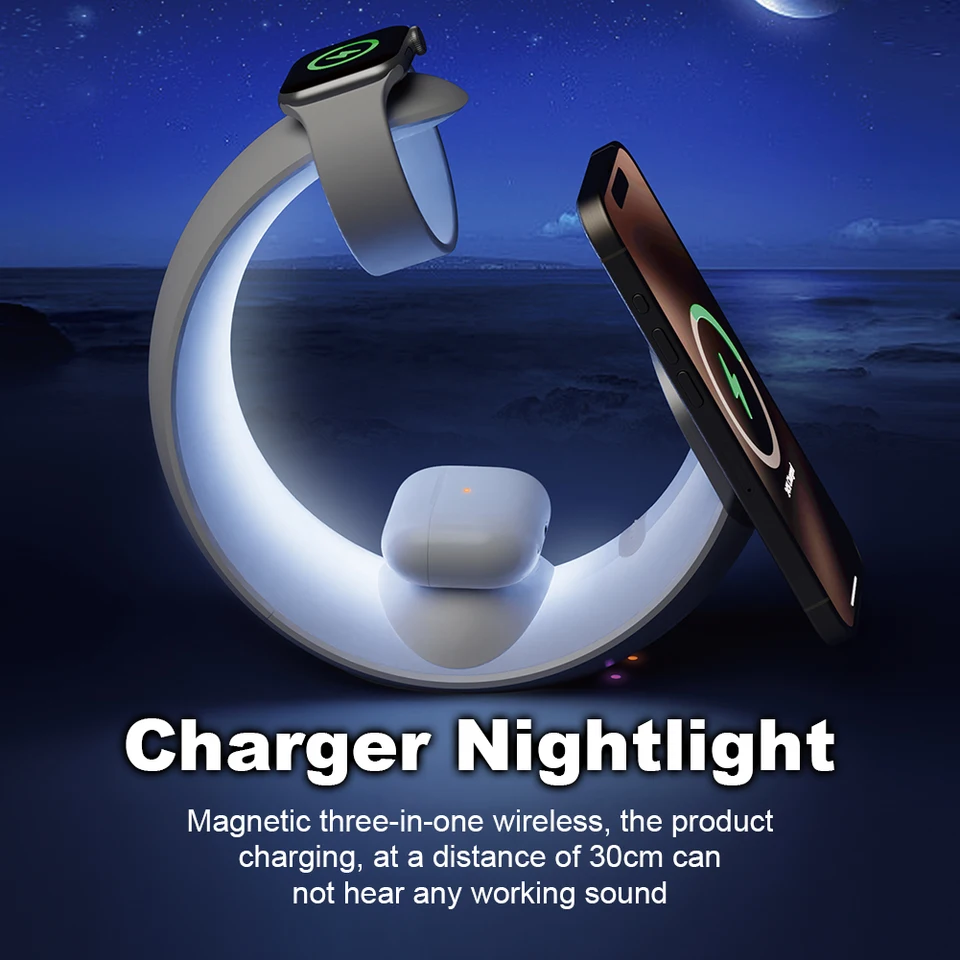 4 V 1 Magnetic Wireless Držiak nabíjačky Držiak 15 W rýchle nabíjanie Dock Dock Station QC3.0 PD so stolovou lampou pre iPhone AirPods IWatch