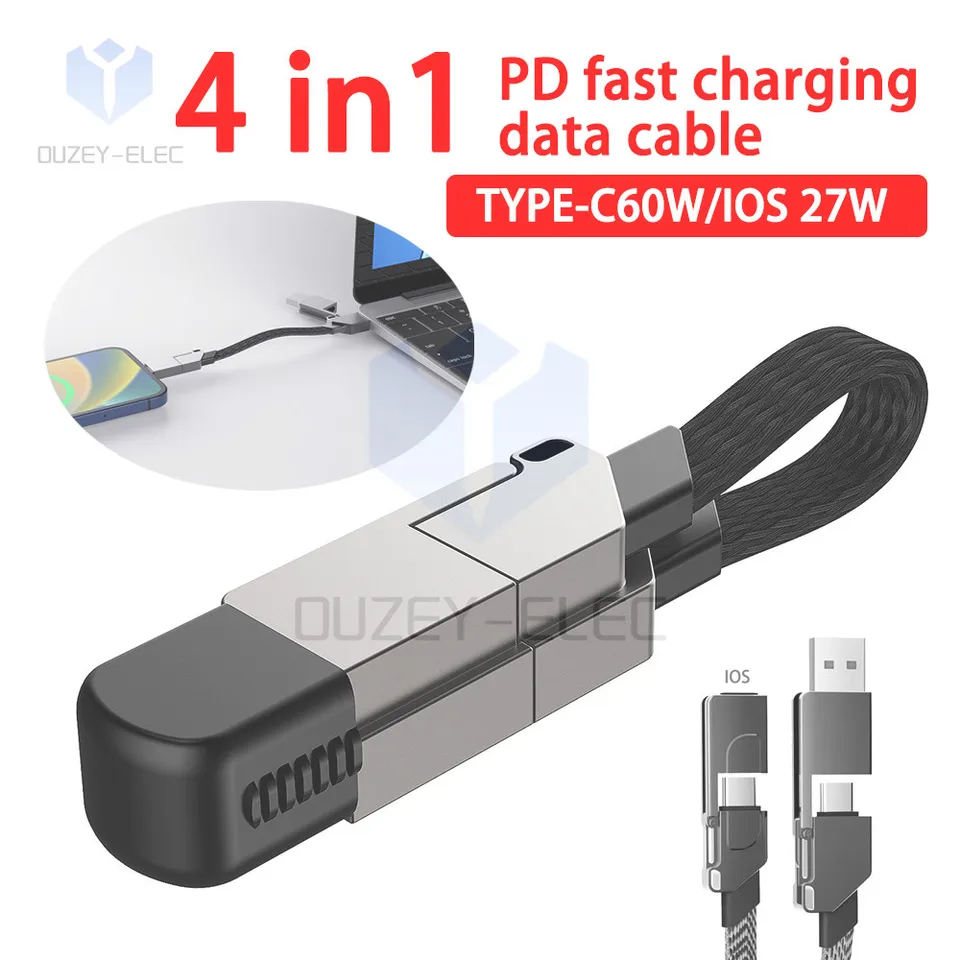 4 v 1 Multi rýchle nabíjanie kábla typu C 60W/iOS 27W rýchle nabíjanie Dátové kábel Kľúčenka Kľúčenka PD pre Apple iPhone Andriod Telefón