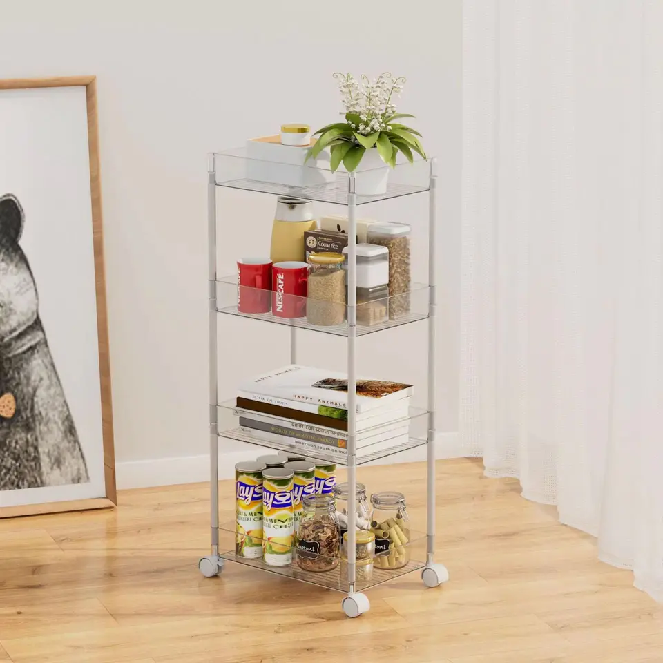 4 vrstvy akrylového skladovacieho stojana Viacvrstvová obývacia izba úložný vozík pre kozmetické hračky Snack Book Rack Auxiliary Trolley Organizátor