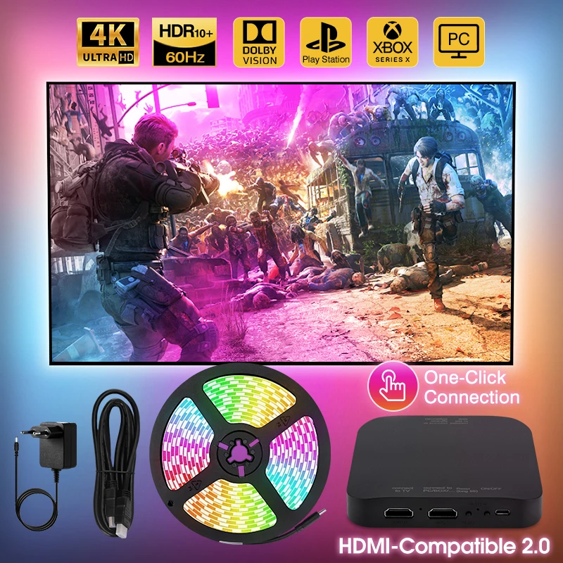 40-85inch LED TV Synchronizácia TV Synchronizácie na obrazovku, Ambient 4K HDMI-kompatibilný 2.0 Sync Box Sync Sync Light Kit, pripojenie kliknutím na jedno kliknutie