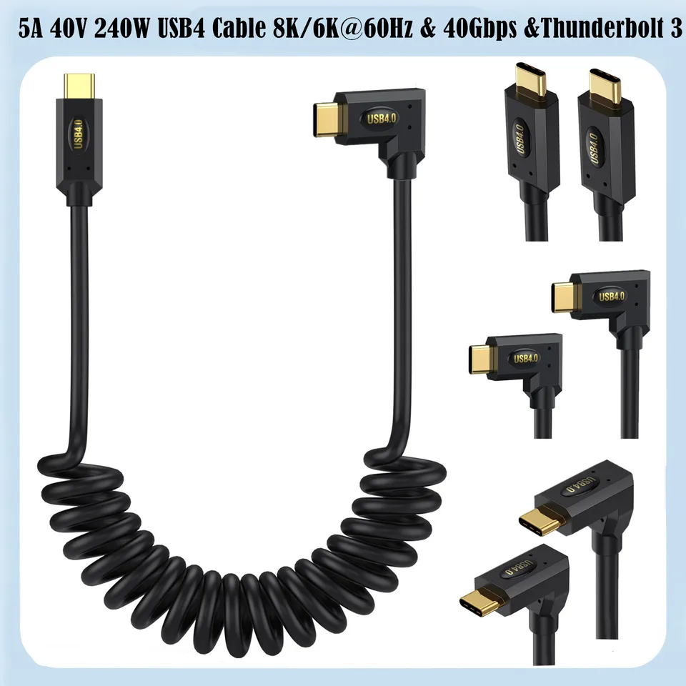 40 GBPS 90 Uhol 240W 5A PD USB C na USB C Springový káčkový kábel pre smartfóny, notebooky, Thunderbolt 3, podpora 8k@60 Hz