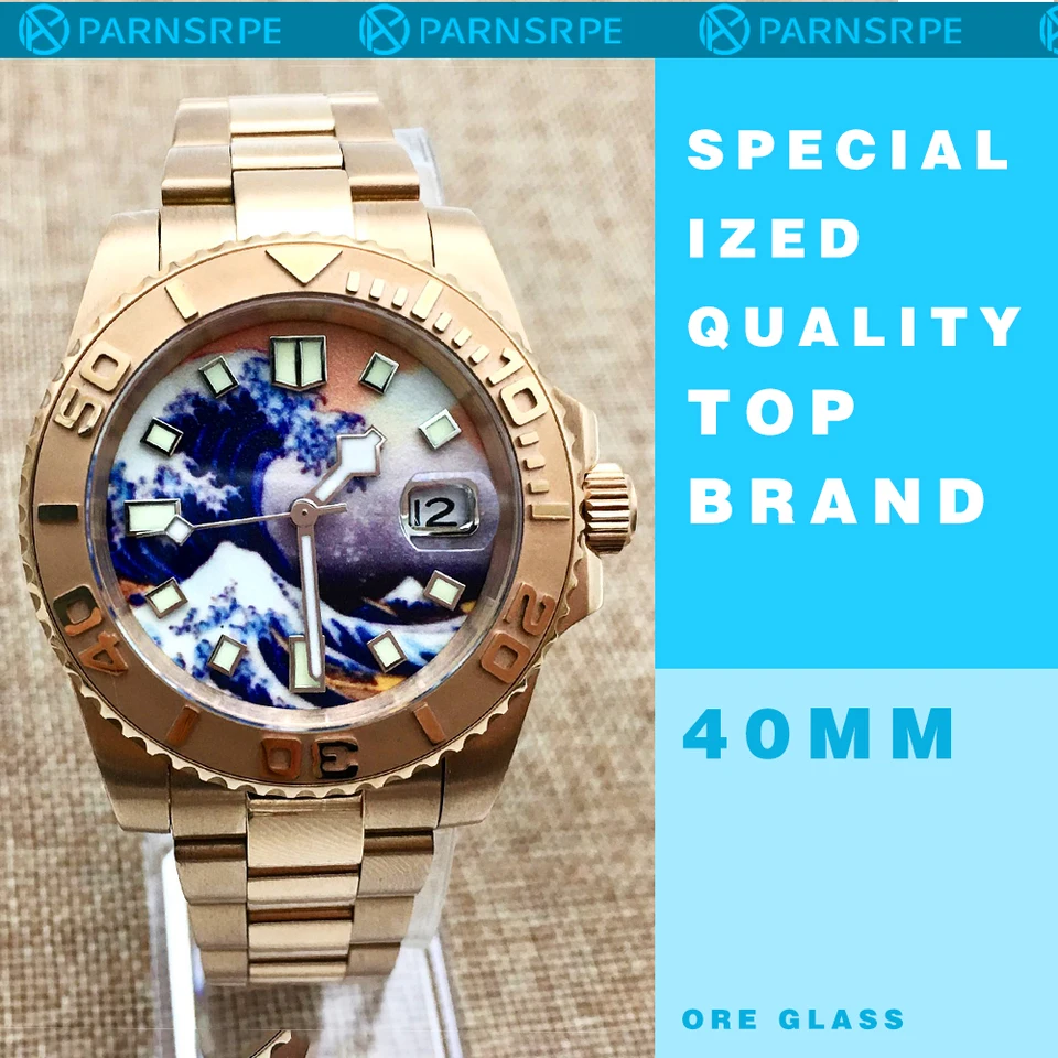 40 mm Kanagawa Surf Luminous Dial Ceramic Ring Yacht Pánske automatické hodinky z nehrdzavejúcej ocele ružové zlato NH35