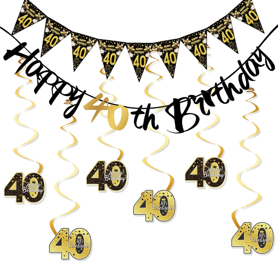 40. narodeninové vírenia Streamery visiace vírenia všetko najlepšie k narodeninám Banner Čierne zlato 40 rokov staré narodeninové oslavy dekorácie Dodávky