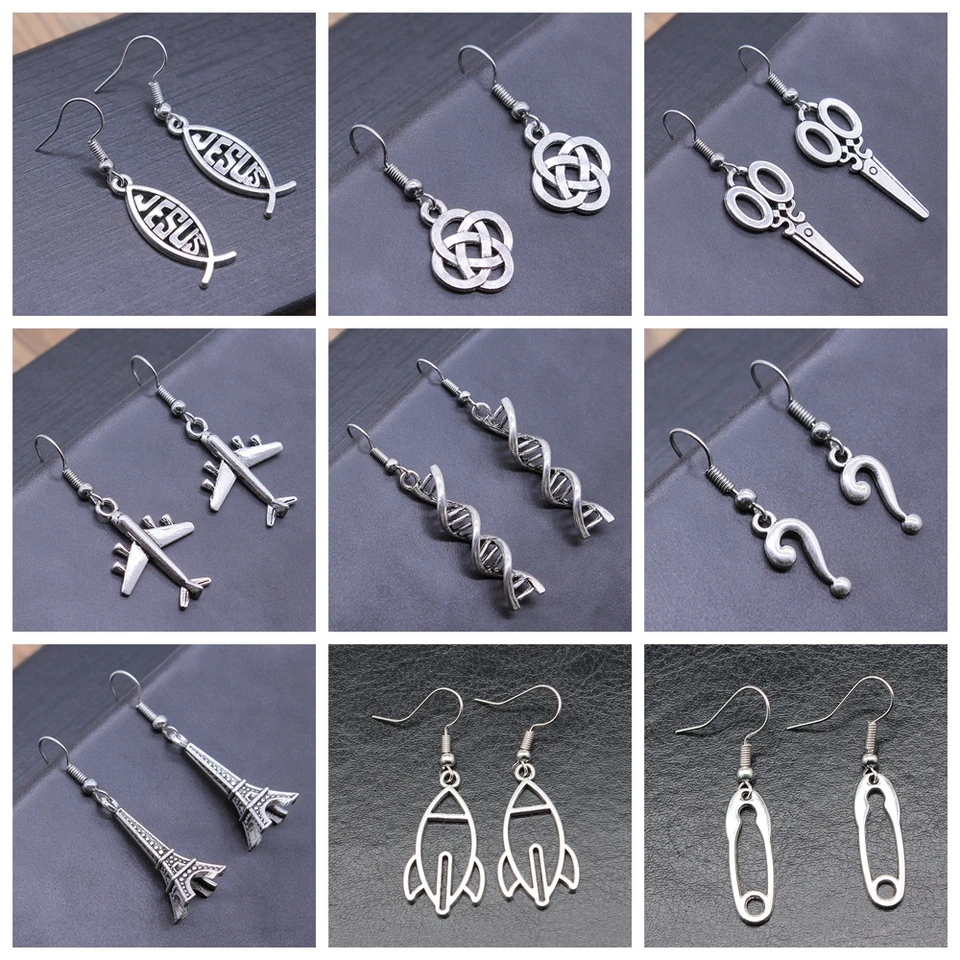 40 štýlov Hotsale Ženy náušnice Vintage letún raketa otáznik TOWER PIN SCISSORS DNA Jednoduchý chladný šperky ručne vyrobený darček